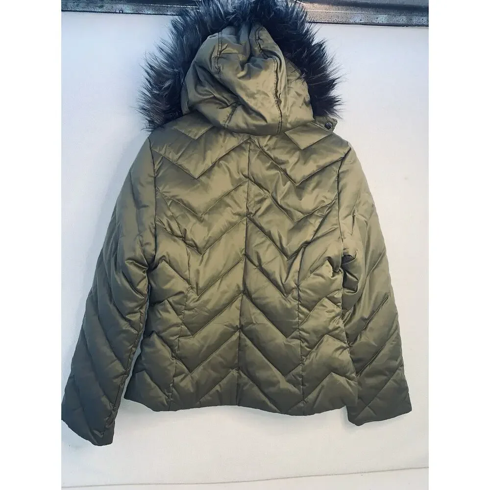 Sz M Nine West Womens Puffer Faux Fur Trim Hood jacket Down Parka Pockets Unworn
